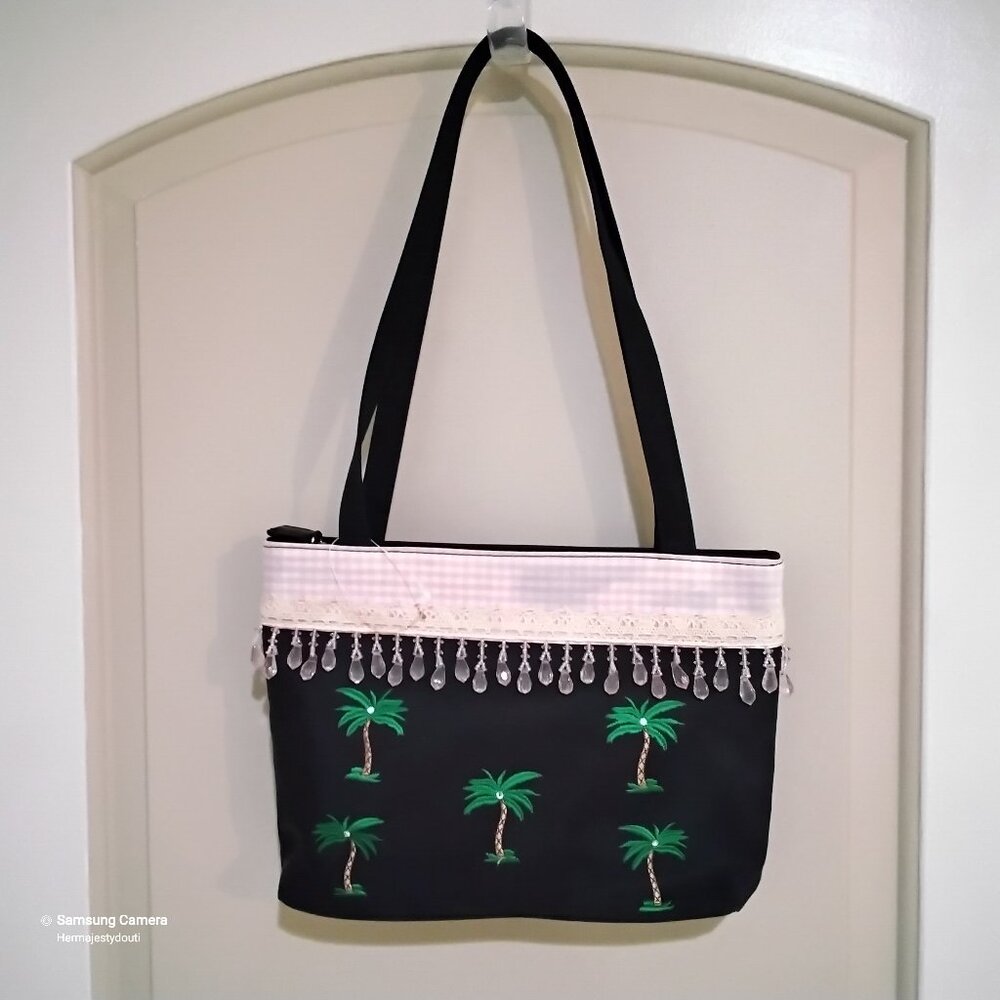 Black Canvas Structured Shoulder Bag Embroidered Palm Trees Rhinestone Centers
